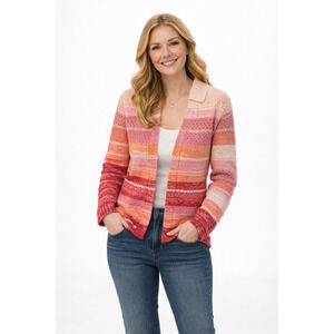 Isaac Mizrahi Live Open Front Striped Cardigan Sweater Romantic Valentine Pink L